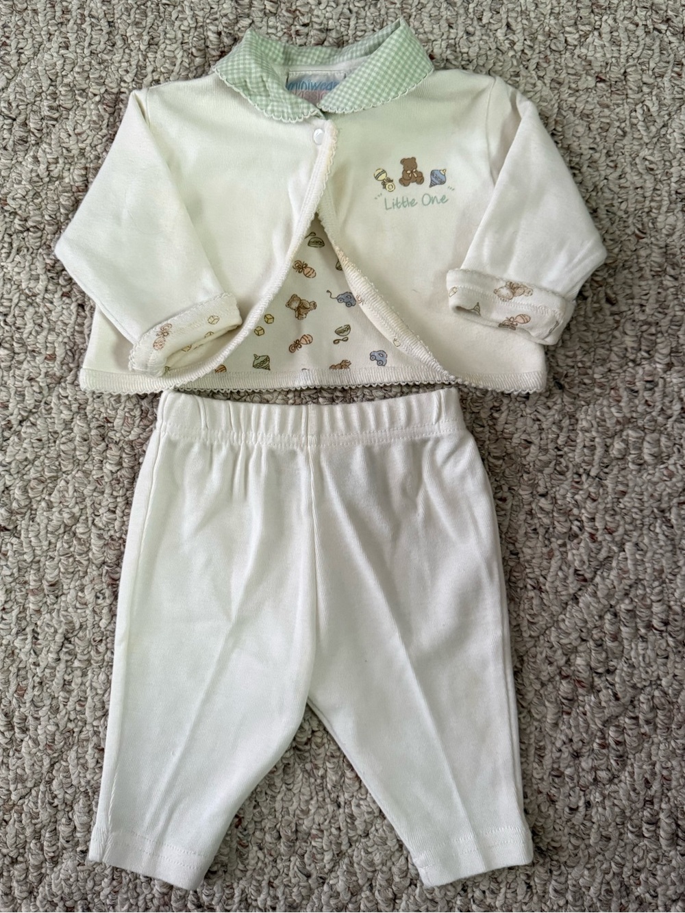 miniwear Cream Baby Pajama Set with Green Collar Trim
